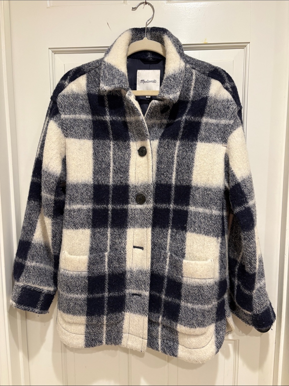 Madewell Navy & Cream Plaid Pea Coat